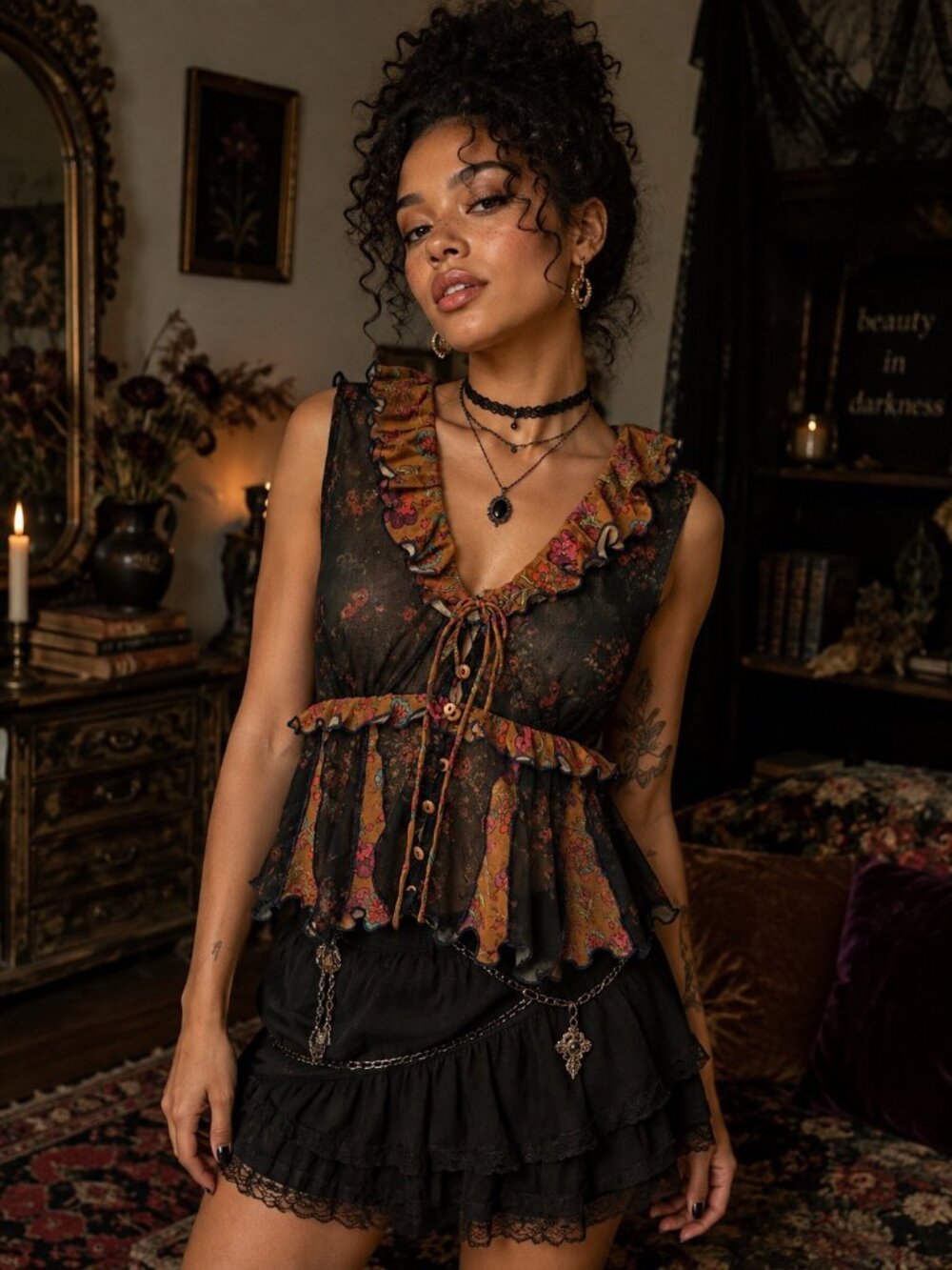 Natural Life M Sheer Floral Mesh Ruffle Top Whimsigoth Boho Fairycore Y2K